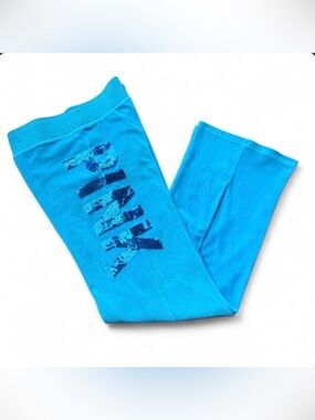 Y2K Victoria's Secret Pink Low Rise Velour Flare Yoga Pants Sequins Bling Blue S